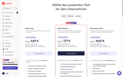 Tarifübersicht im Konto