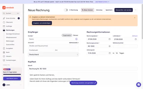 Rechnung erstellen: Schalter E-Rechnung